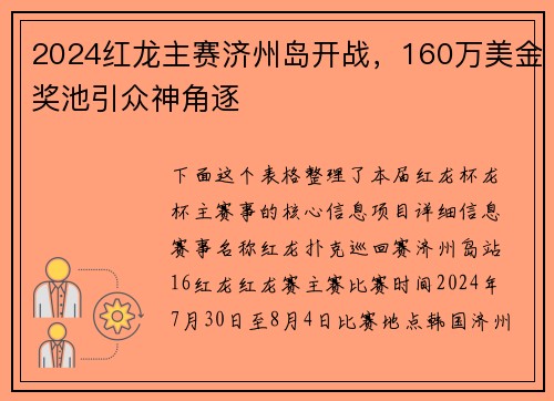 2024红龙主赛济州岛开战，160万美金奖池引众神角逐